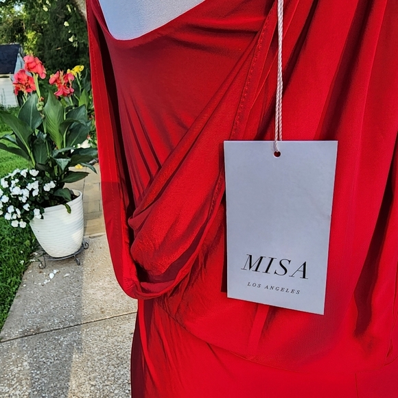 NEW Misa Los Angeles Domino Mini Dress Twisted Knot V Neckline All-Red Luxury - Picture 12 of 15